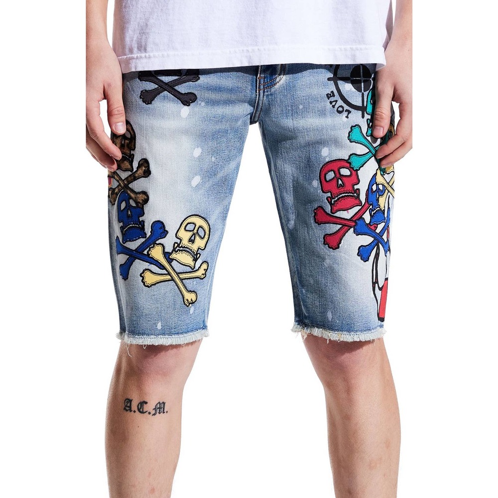 Crysp Denim Men's Ethmoid Embroidered Skulls Paint Skinny Fit Denim Jean Shorts
